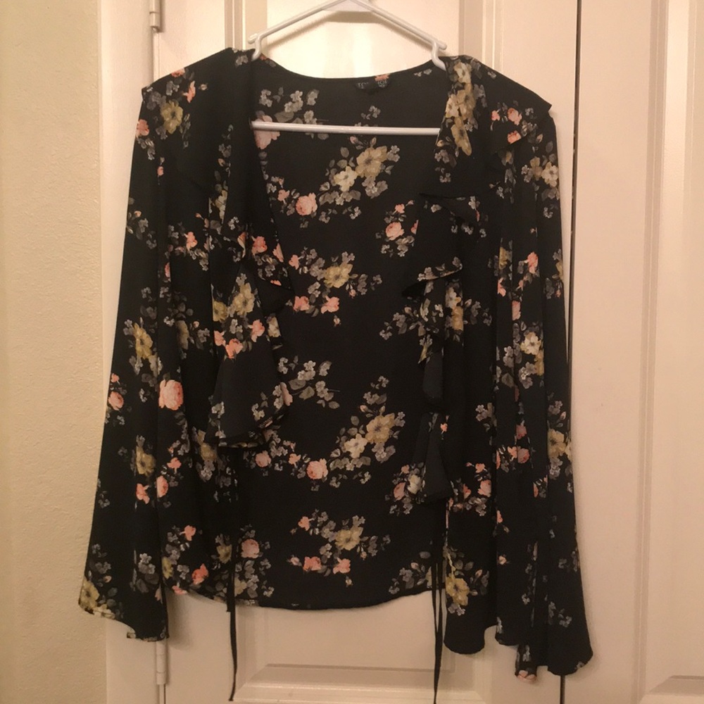 Topshop Floral Tie Front Shirt with Ruffles